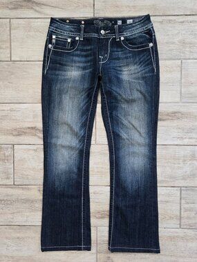 Miss Me Boot Cut Jeans Women Champagne Sequin Flap Pocket Stretch Denim 31